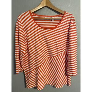 Chico's Zenergy Shirt Womens 3 US XL Orange White Stripe 3/4 Sleeve Scoop Neck